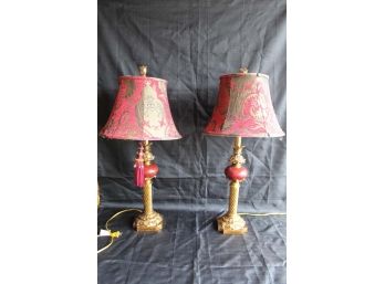 Unique Pair Of Red/Gold Lamps 29 In H