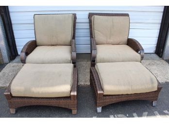 Two Large Outdoor Wicker Chairs W/ Foot Rests And Cushions