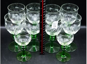 Set Of 11  Wine Glasses Vintage 1990s Made In France Green Stem Wine Hock Glasses (138)