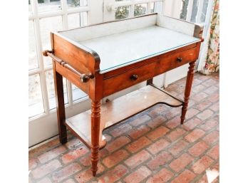 Beautiful Antique Wooden Kitchen Station W/ Marble Top And 2 Drawers  - Damage Photographed - H32xL40xW17(006)