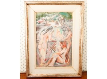 RARE 2 Watercolors On  Canvas Paintings In One Frame - Both Painting Stamped  - H30xL23 (070)