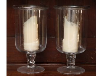 A Pair Of Large Pillar Candle Hurricane Glass Pedestal Candle Holders - 14x8  (110)