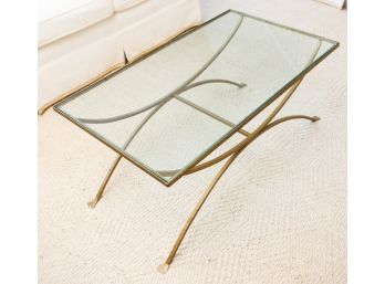Mid-Century Modern Heavy Glass Coffee Table W/ Gold Toned Metal Frame - 17Hx38Lx22W (020)