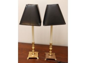 A Pair Of Brass Candlestick Lamps W/ Shade - 22x8 (016)