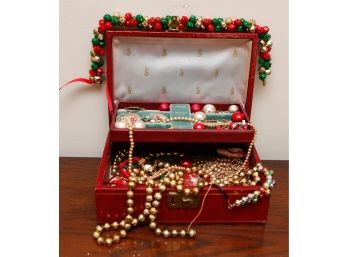 Lot Of Assorted Christmas Costume Jewelry  W/ Jewelry Box (082)