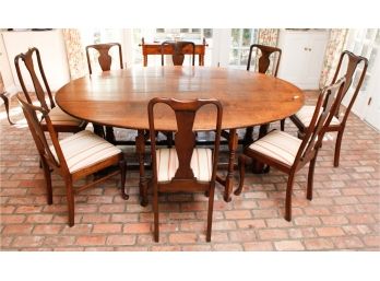 Rare Large Antique Solid Wood Gateleg Dinning Table  Drop Leaf - H29xL81xW58 - W/ 8 Chairs    (000)