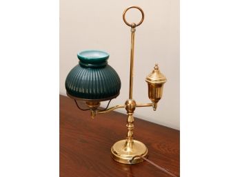 Antique Student Lamp - Brass-  Small Chip On Glass Green Hood (017)