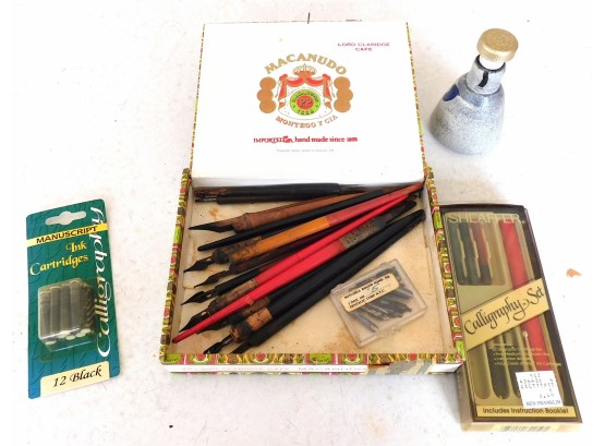 Assorted Calligraphy Pens, Ink Cartridges, And Vintage Ink Well
