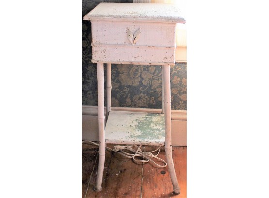 Vintage Bamboo And Wicker Side Table Sewing Basket