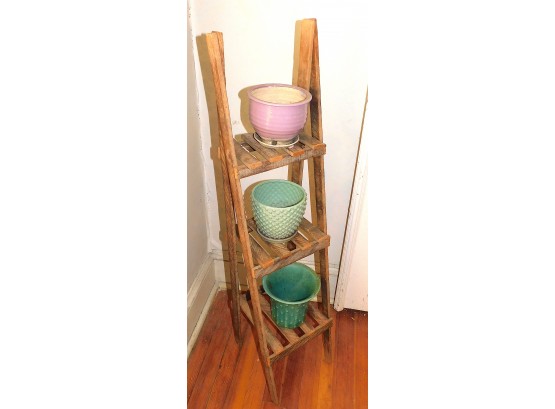 3 Tier Wood Plant Stand With 3 Ceramic Planters