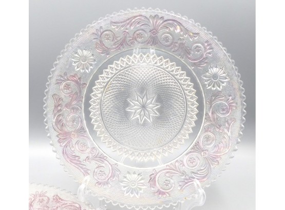 Cut Glass Plates With Pink Accent, 3 Plates