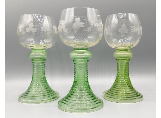 Green Glass Stemmed Rigged Wine Glasses With Clear Glass Etched Top, 3