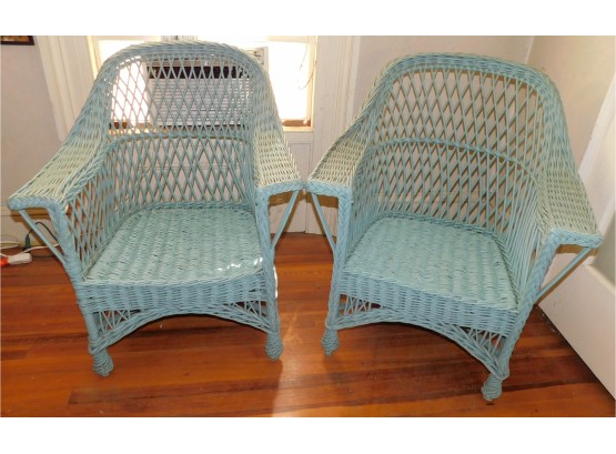 Antique Willow Style Pair Of Turquoise Wicker Arm Chairs