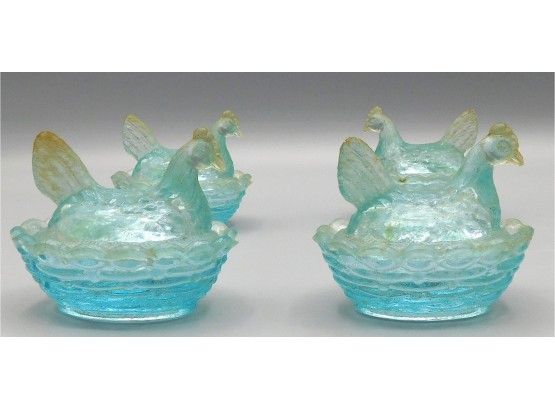 Aquamarine Glass Vintage Hen On Nest Open Salt Dish, Set Of 4