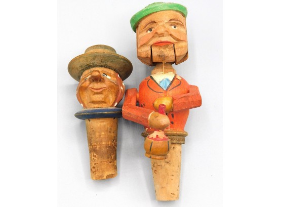 RARE Vintage Hand Carved Marinette Wood & Cork Wine Stoppers