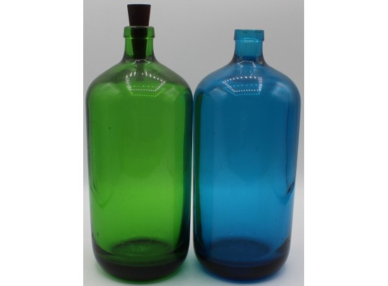 Pair Of Cobalt And Green Glass Bottles W/ Cork Tops
