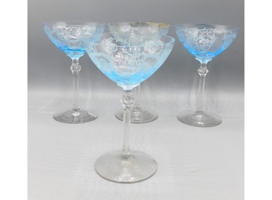 Vintage Set Of Etched Blue Top Wine Glasses, 4
