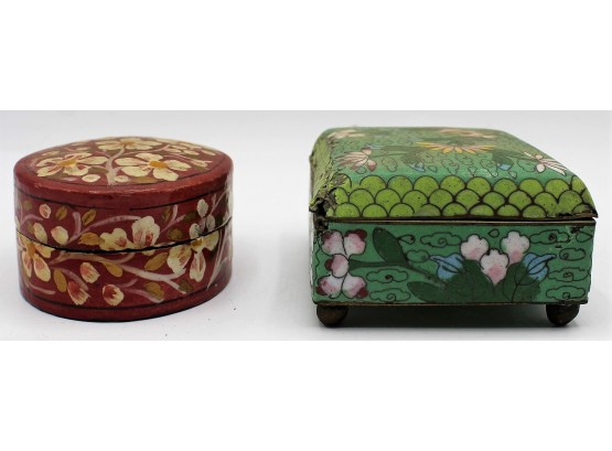 Pair Of Hand Painted Floral Pattern Jewelry Boxes
