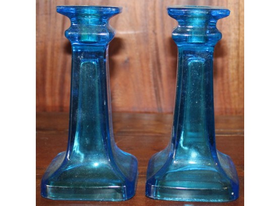 Pair Of Blue Glass Candlesticks (W271)