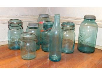 Assorted Blue Glass Mason Jars & Bottles, 2 Boxes
