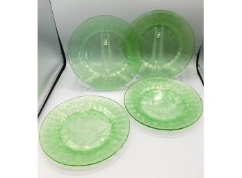 Set Of 4  Etched Depression Green Glass Dinner Plates