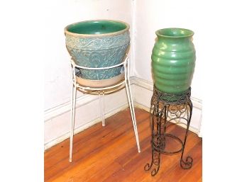 Pair Of Plant Stands With Ceramic Planters
