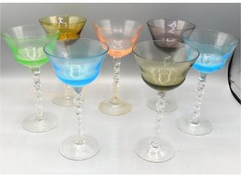 Set Of Vintage Colored Glass With Clear Stem Cordial Glasses