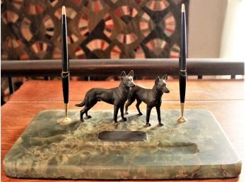 Antique Art Deco Pen Holder Stand/ Bronze Dog German Sheapard/ Marble Base