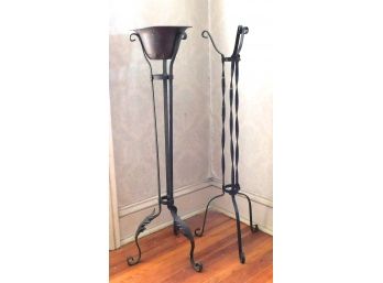 Antique Wrought Iron Plant Stands, 2 / One With Original Copper Bowl