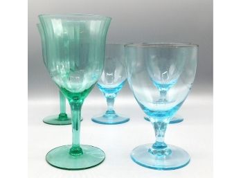 Vintage Blue And Green Glasses, 5 Glasses Total