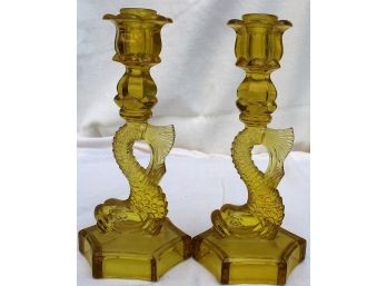 Pair Of Yellow Antique Glass Koi Candlesticks