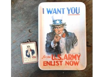 Vintage Propaganda 'i Want You, US Army' Trinket Tray And Solid Brass Hand Painted Key Chain