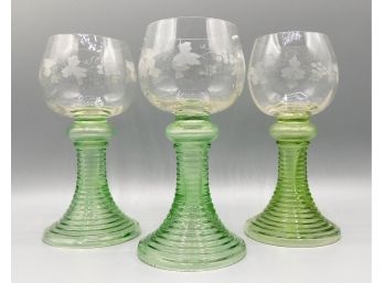 Green Glass Stemmed Rigged Wine Glasses With Clear Glass Etched Top, 3