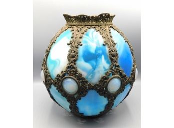 Vintage Blue Slag Glass & Brass Lamp Shade