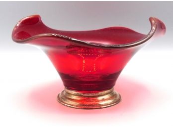 Vintage  Serveware Red Glass Candy Dish With Silver Plated Base