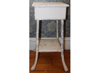 Vintage Bamboo And Wicker Side Table Sewing Basket