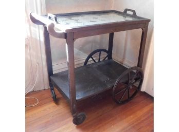 Antique Mahogany Tea Cart With Removable Glass Tray, Circa 1920