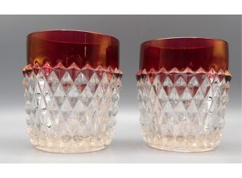 Pair Of Indiana Glass Diamond Point Ruby Band Glasses