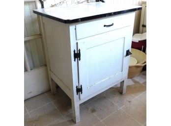 Vintage Enamel Top Side Counter With Storage Cabinet