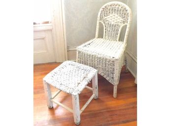 White Wicker Chair With Foot Stool