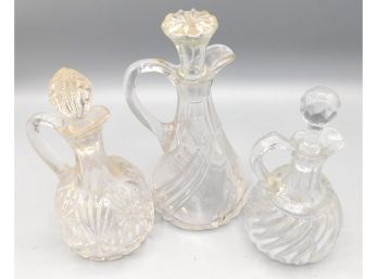 Assorted Cut Glass Oil And Vinegar Decanters, 3 Piece Lot