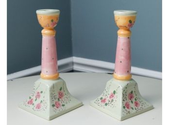Set Of 2 Ceramic Candle Holders - Signed  (2080)