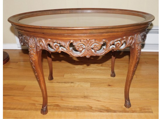 Antique Grand Rapids Wood Carved Removable Glass Serving Tray Table