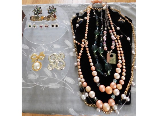 Assorted Lot Of Costume Jewelry With Wood Storage Box