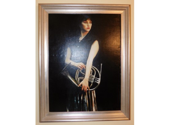 Vintage Oil On Canvas Woman With French Horn Art Framed