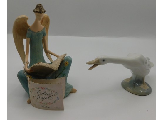 Decorative Lladro Duck Ceramic Figurine With Edens Angel Wisdom Ceramic Figurine
