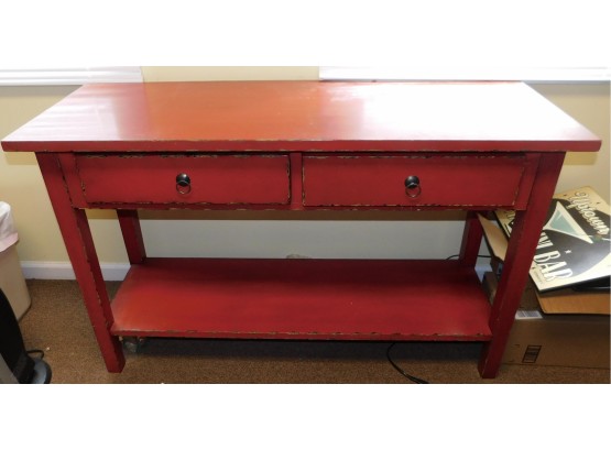 Red Rustic Wood Console Table With Two Drawers