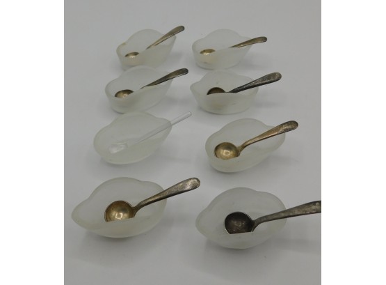 Vintage Set Of Glass Salt Cellars With Silver Plated Spoons