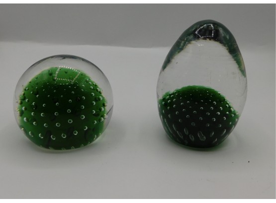 Decorative Pair Of Green Glass Paperweights