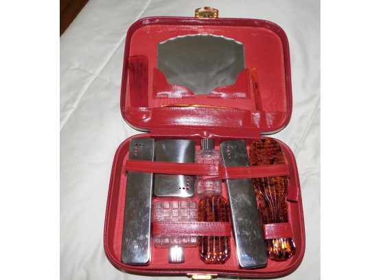 Vintage Red Leather Perfume Travel Box With Accessories
